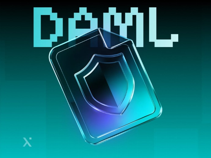 A digital shield icon on a gradient teal and black background symbolizes security. DAML is written in bold, blocky letters above, conveying a tech-focused theme.