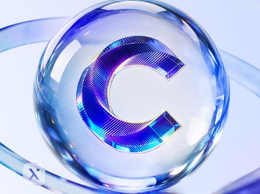 A blue and purple glass ball featuring the letter C prominently displayed on its surface.