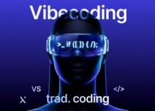 A woman with glasses stands beside the text Vibe Coding vs Trade Coding, highlighting two coding approaches.