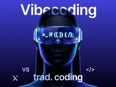 A woman with glasses stands beside the text Vibe Coding vs Trade Coding, highlighting two coding approaches.