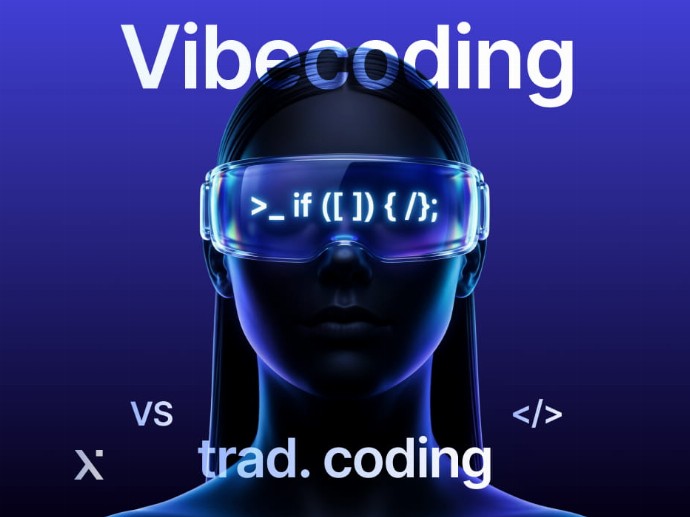 A woman with glasses stands beside the text Vibe Coding vs Trade Coding, highlighting two coding approaches.