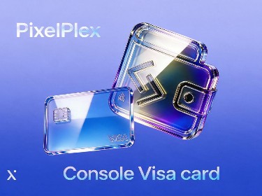 PixelPlex X console Visa card featuring a modern design with vibrant colors and the Visa logo prominently displayed.