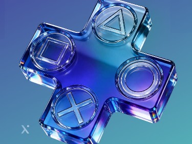 Glossy translucent blue game controller with raised triangle, circle, square, and X buttons, floating on a blue-to-teal gradient background.