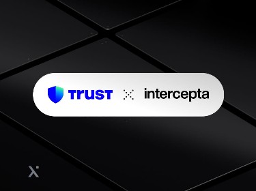 Black and white screen displaying the words trust and intercepta in bold text.