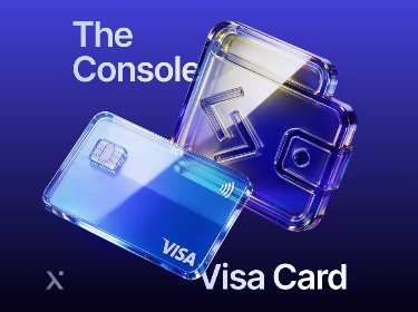 A transparent Visa card and a matching wallet are shown on a blue gradient background with the words The Console Visa Card
