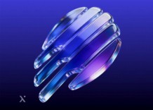 Abstract metallic sphere made of curved blue and purple bands, floating against a dark blue gradient background; sleek, futuristic, and polished.