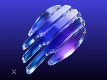 Abstract metallic sphere made of curved blue and purple bands, floating against a dark blue gradient background; sleek, futuristic, and polished.