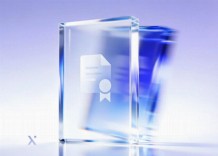 A decorative glass award with a striking blue and white pattern, showcasing a modern and elegant aesthetic.