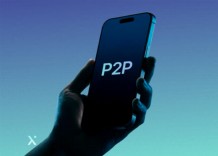 A hand holds a smartphone against a blue-to-teal gradient background, its screen displaying P2P to suggest digital payments and peer-to-peer finance.