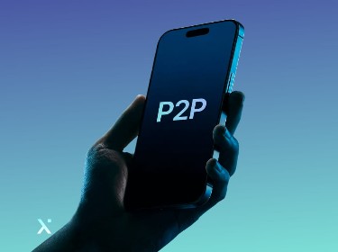 A hand holds a smartphone against a blue-to-teal gradient background, its screen displaying P2P to suggest digital payments and peer-to-peer finance.
