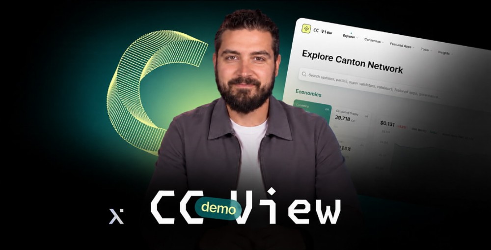 A bearded presenter smiles before a glowing green tech graphic and tilted Canton Network dashboard, with a bold demo logo below on a dark backdrop.