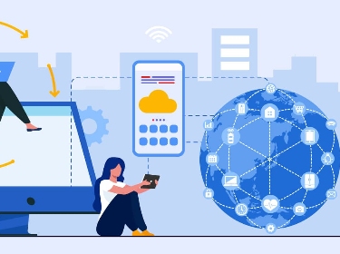 Three people next to cloud technology icons and a globe surrounded by IoT network