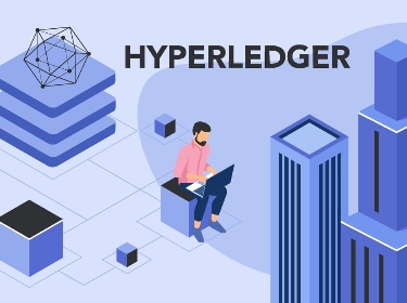 A person working on a laptop next to skyscrapers and Hyperledger logo