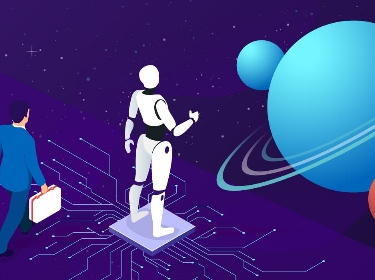An android standing on a microchip and two people walking toward a blue planet in space