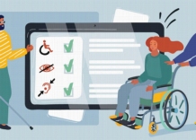 Two people with disabilities and an assisting person next to VPAT sign and a compliance checklist