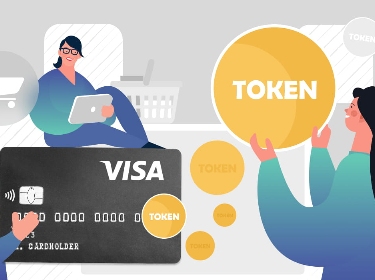 People holding a visa credit card next to tokens and eCommerce icons