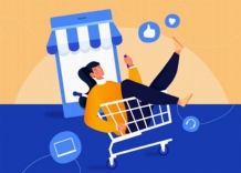 A woman enjoying digital shopping while riding in a grocery cart past a mobile device stylized as a physical store surrounded by likes and other social icons