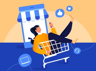 A woman enjoying digital shopping while riding in a grocery cart past a mobile device stylized as a physical store surrounded by likes and other social icons